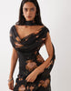 Draped Off Shoulder Scarf Detail Double Layer Maxi Dress In Orange Floral Print