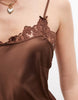 Monki Lace Detail Satin Slip Mini Dress In Chocolate Brown