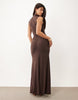 High Neck Godet Detail Column Maxi Dress In Brown