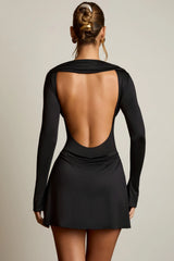 Open-Back Draped A-Line Mini Dress in Black