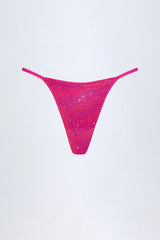 Embellished Thong Bikini Bottoms in Pink Tropical Print