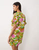 Crew Neck Mini Dress With Tie Sleeve Detail In Green And Pink Floral Print