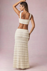 Ruffled Mid-Rise Maxi Skirt in Ivory