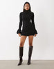 The Frolic Exclusive High Neck Fluted Sleeve Embellished Detail Knitted Mini Dress In Black