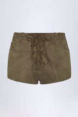 Lace-Up Mid-Rise Shorts in Dark Khaki