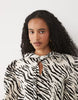 Sister Jane Nuit Tie Collar Detail Long Sleeve Mini Dress Co-Ord In Ivory Zebra