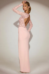Lace Scalloped Plunge-Neck Maxi Dress in Pink