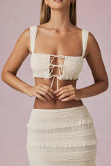 Ruffled Tie-Front Crop Top in Ivory