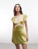 Reclaimed Vintage Satin Mini Tea Dress With Contrast Lace Inserts In Pistachio