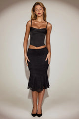 Satin Cowl-Neck Lace-Up Corset Top in Black