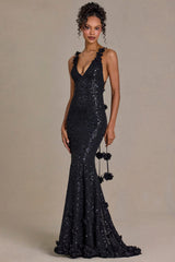 Premium Embellished Plunge Open-Back Gown in Black
