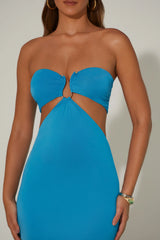 Ruched Hardware Detail Bandeau Floor Length Dress in Blue