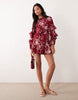 Wednesday'S Girl Tie Waist Long Sleeve Mini Dress In Fig Floral Print
