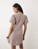 Wednesdays Girl Tie Collar Detailed Puff Sleeve Button Mini Dress In Brown Check