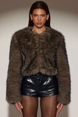 Cropped Faux-Fur Jacket in Chocolate Brown