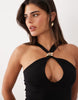 Tiger Mist Halterneck Gold Hardware Keyhole Detail Ruched Mini Dress In Black