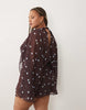 Curve High Neck Drape Front Extreme Cape Sleeve Mini Dress In Brown Polka Dot