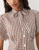 Wednesdays Girl Tie Collar Detailed Puff Sleeve Button Mini Dress In Brown Check