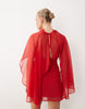 High Neck Drape Front Extreme Cape Sleeve Mini Dress In Red