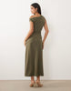 Crepe Fallen Shoulder Maxi Dress With Ruched Skirt Detail In Khaki
