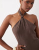 The Frolic Exclusive Linen Feel Knot Front Halterneck Mini Dress In Chocolate