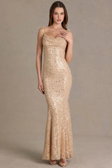 Premium Embellished Open-Back Maxi Dress in Gold