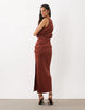Draped Structured Midi Dress With Split In Brown Scuba-Style Fabric