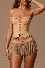 Fringed Low-Rise Mini Shorts in Tan
