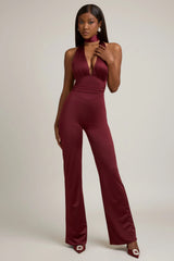 Scarf-Detail Halterneck Jumpsuit in Wine Red