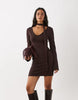 Kaiia Exclusive Knitted Scarf Detail Flare Sleeve Mini Dress In Chocolate