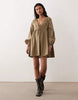 Kiss The Sky Ella Long Sleeve Babydoll Dress In Olive Green