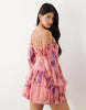 Double Layer Off Shoulder Godet Mini Dress In Pink Floral