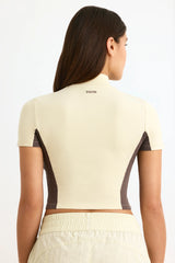 Cotton Jersey Colourblock Zip-Up Crop Top in Bone