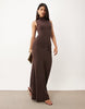 High Neck Godet Detail Column Maxi Dress In Brown