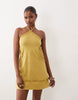 Fit And Flare Crochet Patch Halter Mini Dress In Khaki