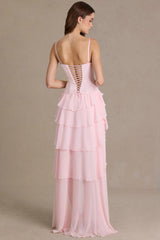 Premium Embellished Cowl-Neck Corset Gown in Baby Pink