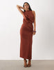 Draped Structured Midi Dress With Split In Brown Scuba-Style Fabric