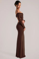 Off-Shoulder Long-Sleeve Maxi Dress in Chocolate Brown