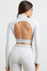 Backless Turtleneck Long-Sleeve Crop Top in Grey Marl