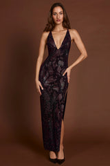 Embellished Halterneck Maxi Dress in Purple Snake