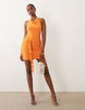 High Neck Cowl Draped Slinky Mini Dress With Flowing Ruffle In Orange