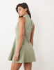 Twill Funnel Neck Seamed Mini Dress In Washed Olive