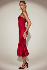 Satin Lace-Trim Bandeau Fluted Midaxi Dress in True Red