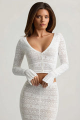 Ruffle-Trim Pointelle-Knit Cropped Cardigan in White
