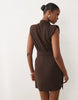 Belted Wrap Mini Dress With Shoulder Pad In Chocolate Scuba-Style Fabric