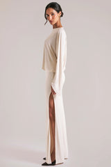 Long-Sleeve Draped Maxi Dress in Ivory