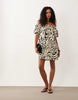 Yas Puff Sleeve Off Shoulder Mini Shift Dress In Mono Swirl Print