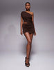Tiger Mist Ryland Off Shoulder Drape Cut Out Detail Mini Dress In Chocolate