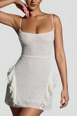 Embellished Frill Mini Dress in White