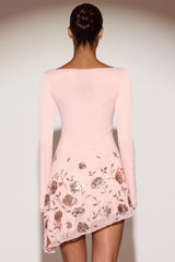 Embellished Appliqué Asymmetric Mini Dress in Pink
